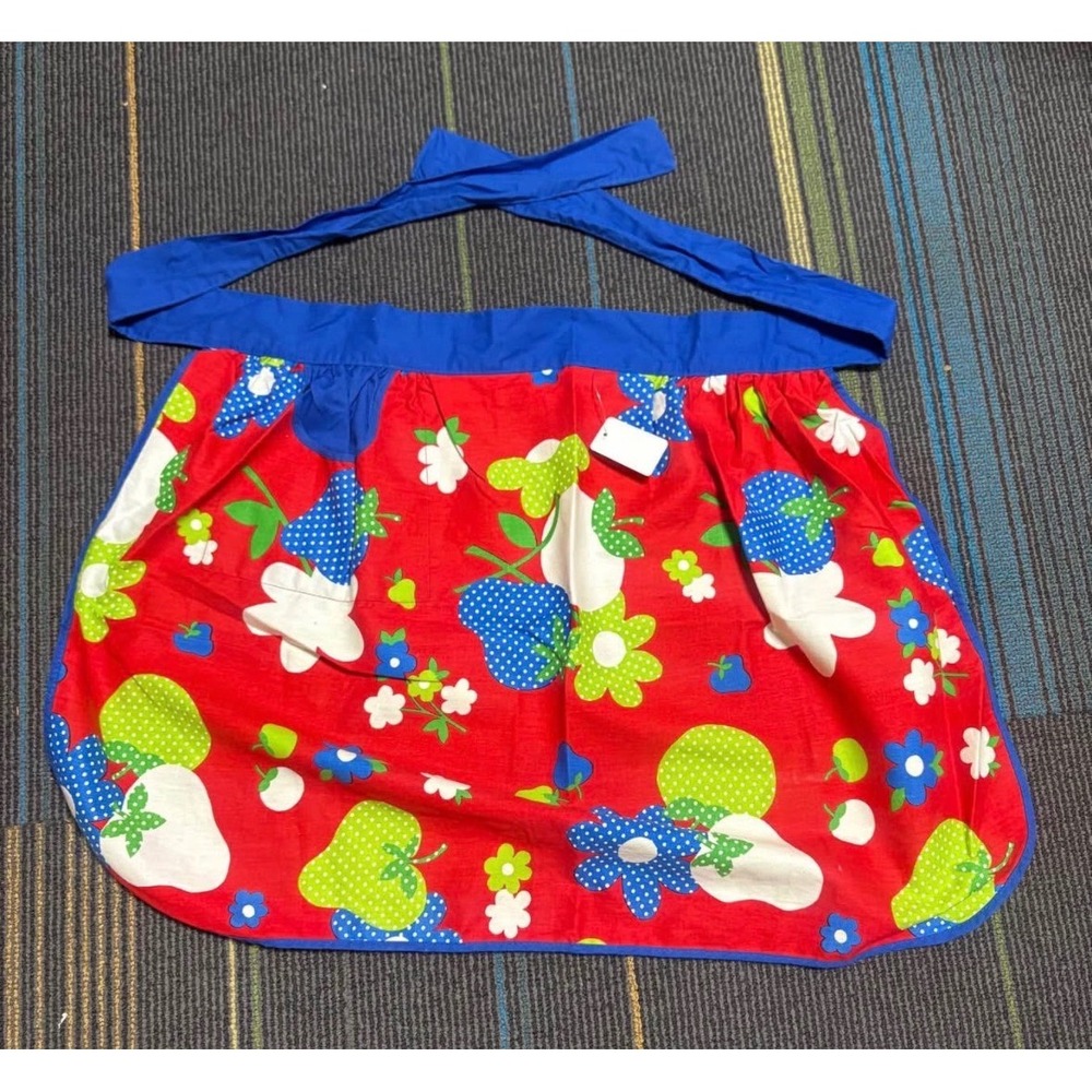 Vintage Red Fruit Floral Print Waist Apron Blue Trim Retro Kitchen Half Apron